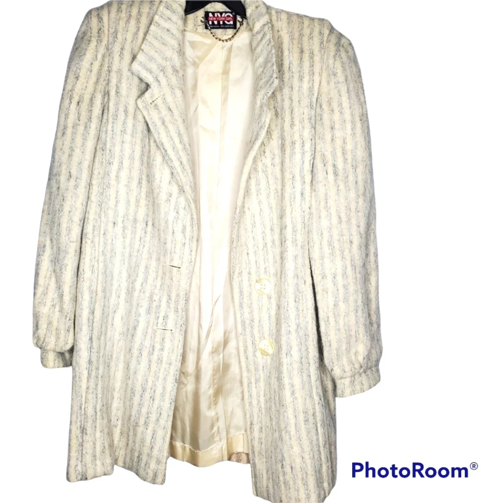 Vintage 80's ilgwu New York Girl wool like coat cream blue‎ stripes